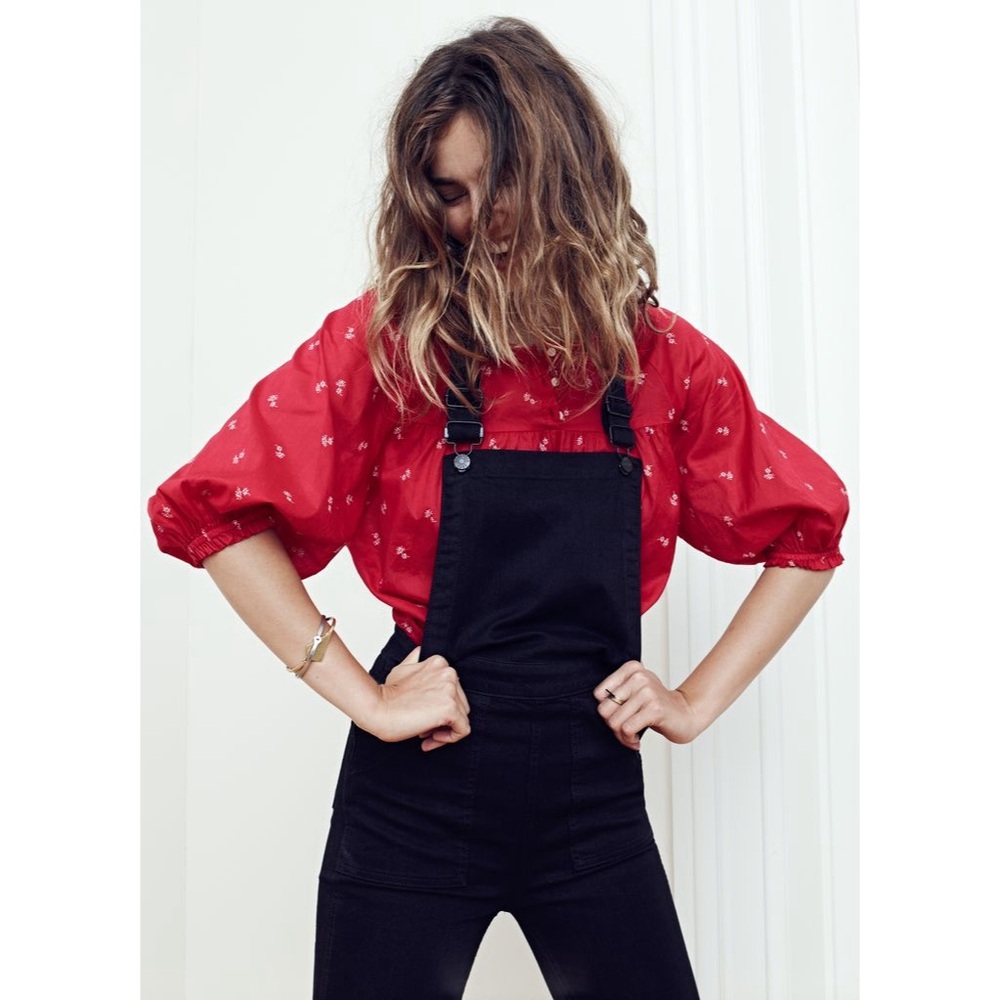 MADEWELL Women’s SHIRRED PEASANT COTTON BLOUSE TOP Tunic Red Size XS